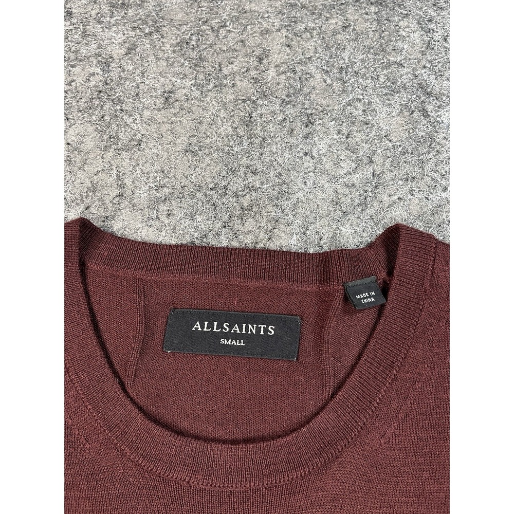 AllSaints Sweater Mens Small Burgandy Wool Blend Crewneck Skull Logo Pullover - Picture 6 of 10